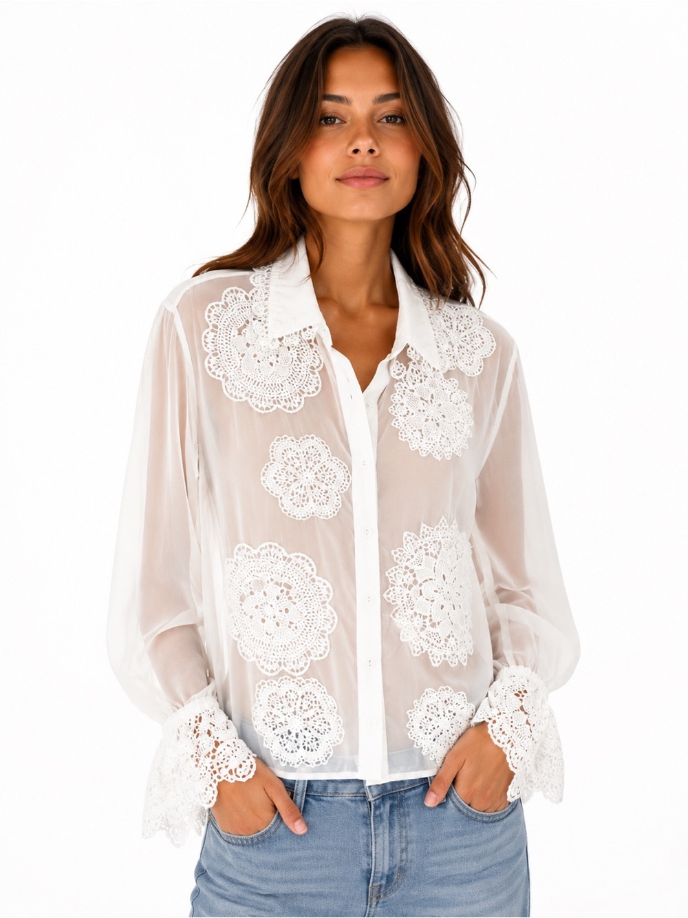 Sheer White Crochet Appliqué Button-Down Blouse